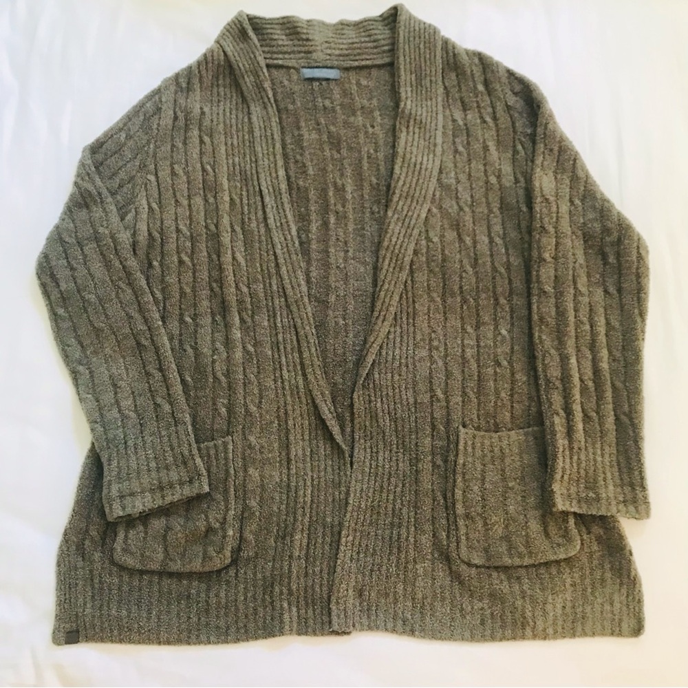 Barefoot Dreams Green Moss / Taupe CozyChic Open Front Cardigan Sweater M EUC